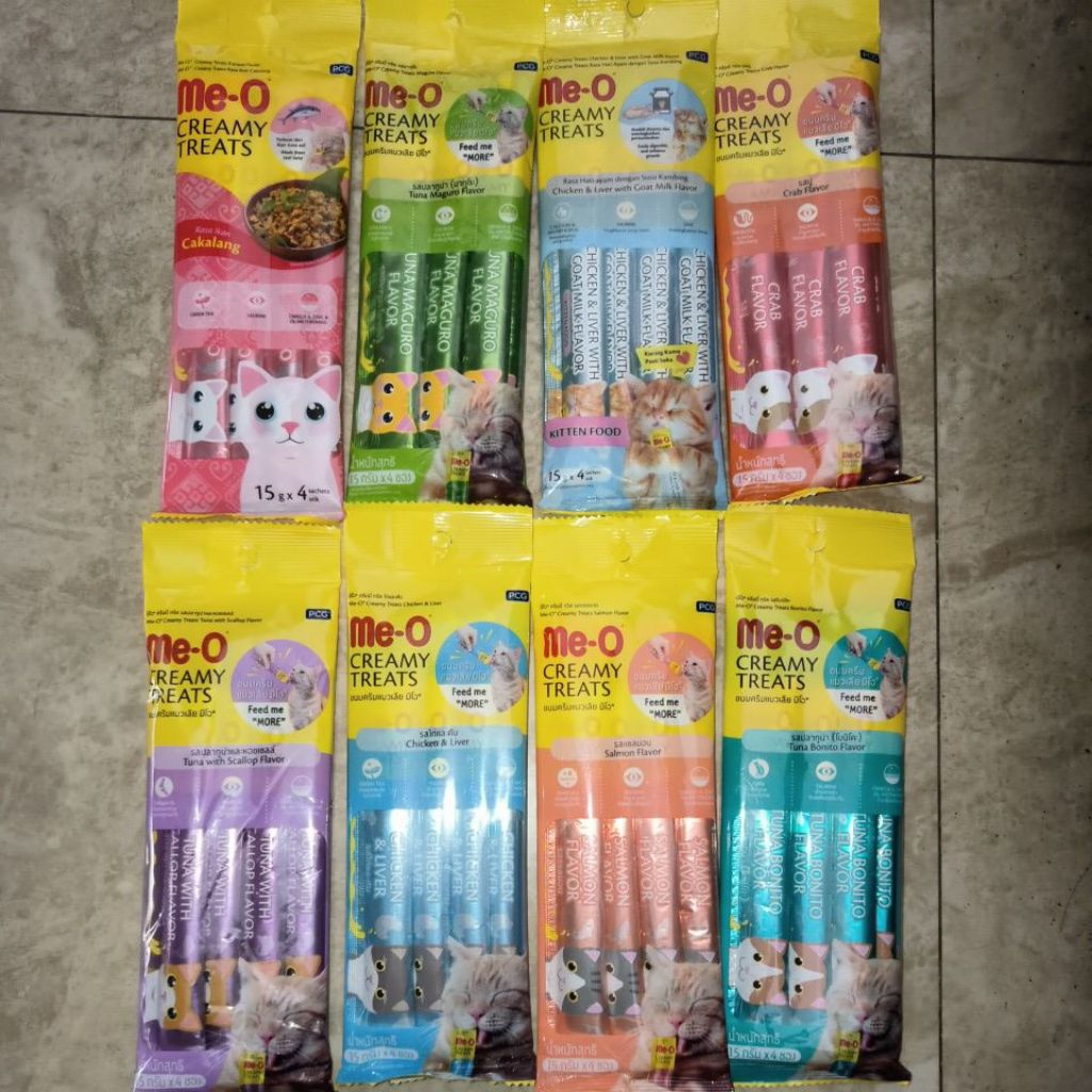 MEO ME-O CREAMY TREATS SNACK SNACKS KEMASAN STRIP STIK STICK PANJANG 4 PCS 15GR SALMON TUNA BONITO C