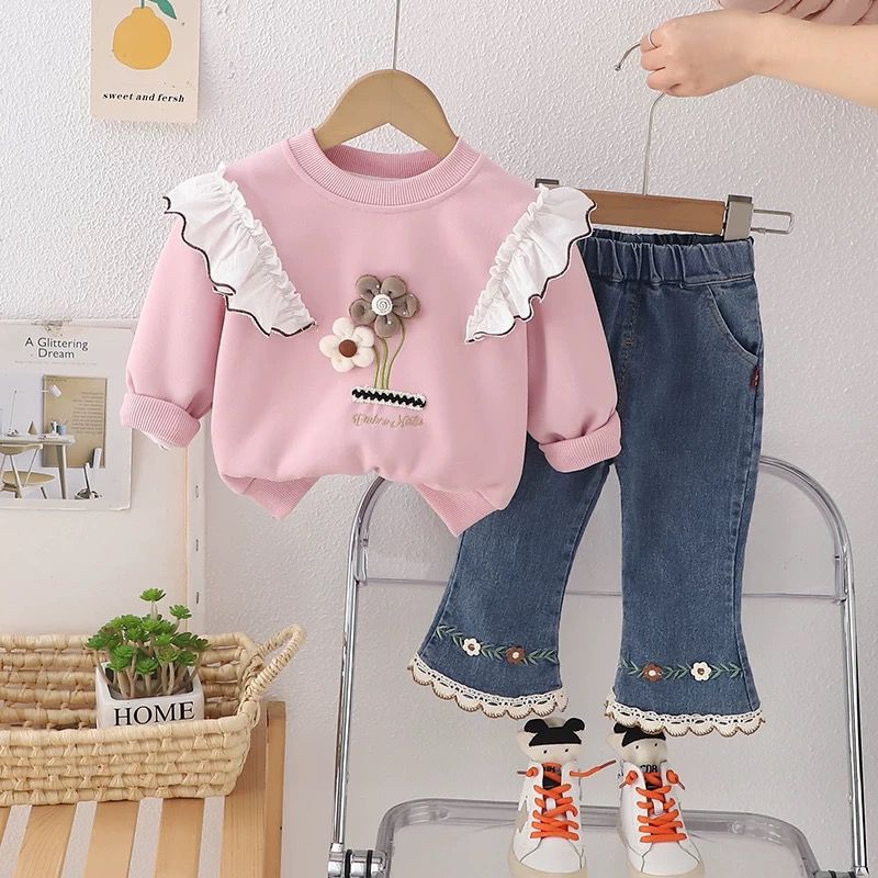 Setelan Import Premium Anak Perempuan Usia 1-4 Tahun | Baju Katun Lengan Panjang Model Bahu Renda Re