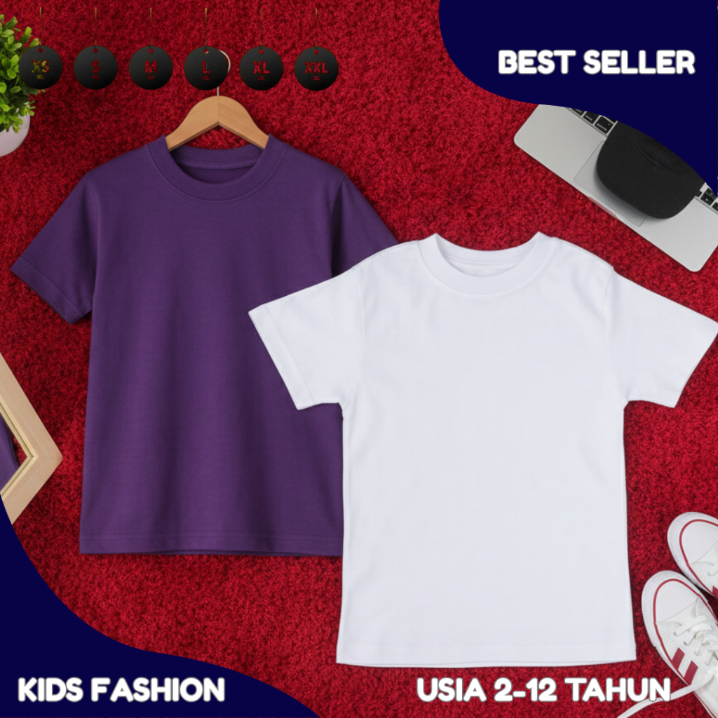 Bundling Kaos Polos Anak Ungu & Putih Usia 2-12 Tahun | Baju Sekolah & Santai Lengan Pendek