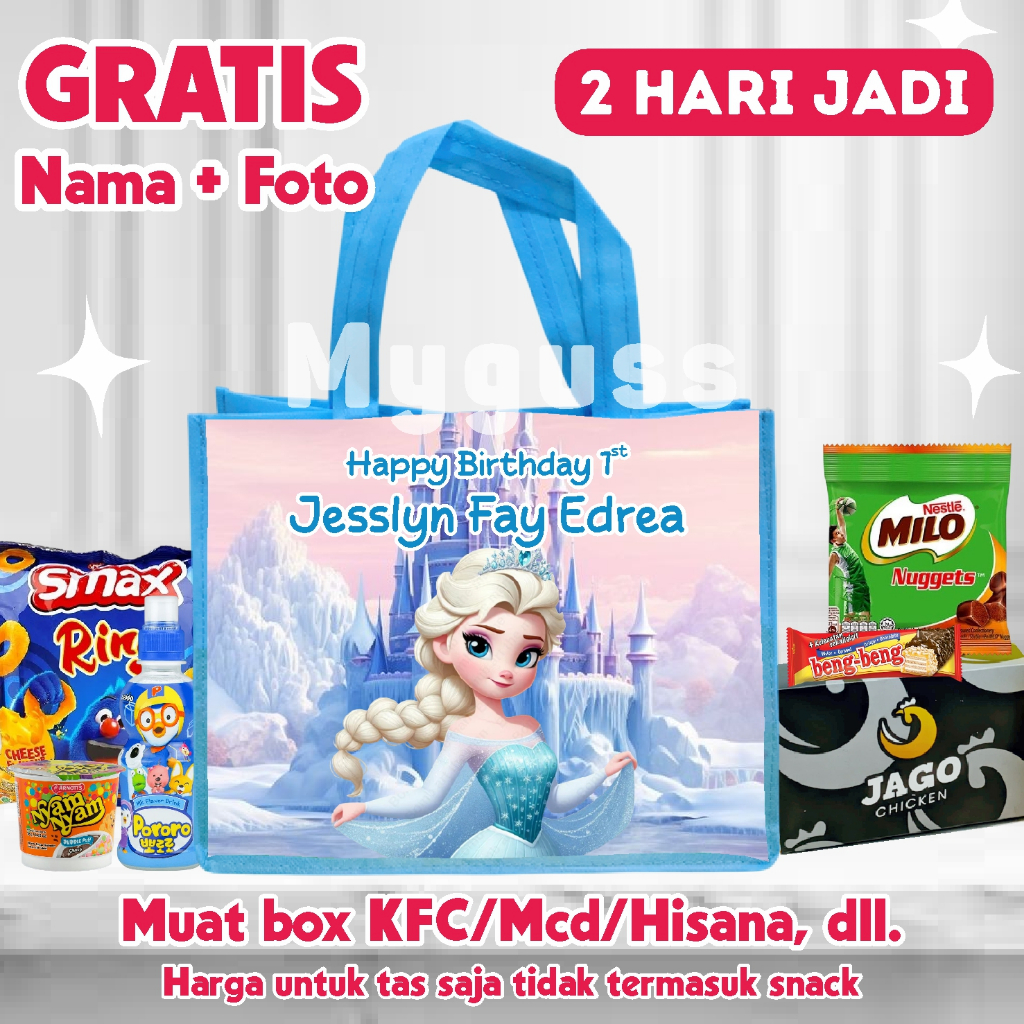 Tas Ultah Anak Free Nama Umur Foto||Goodie Bag Spunbond||Tas Custom Ulang Tahun Anak Tema Frozen