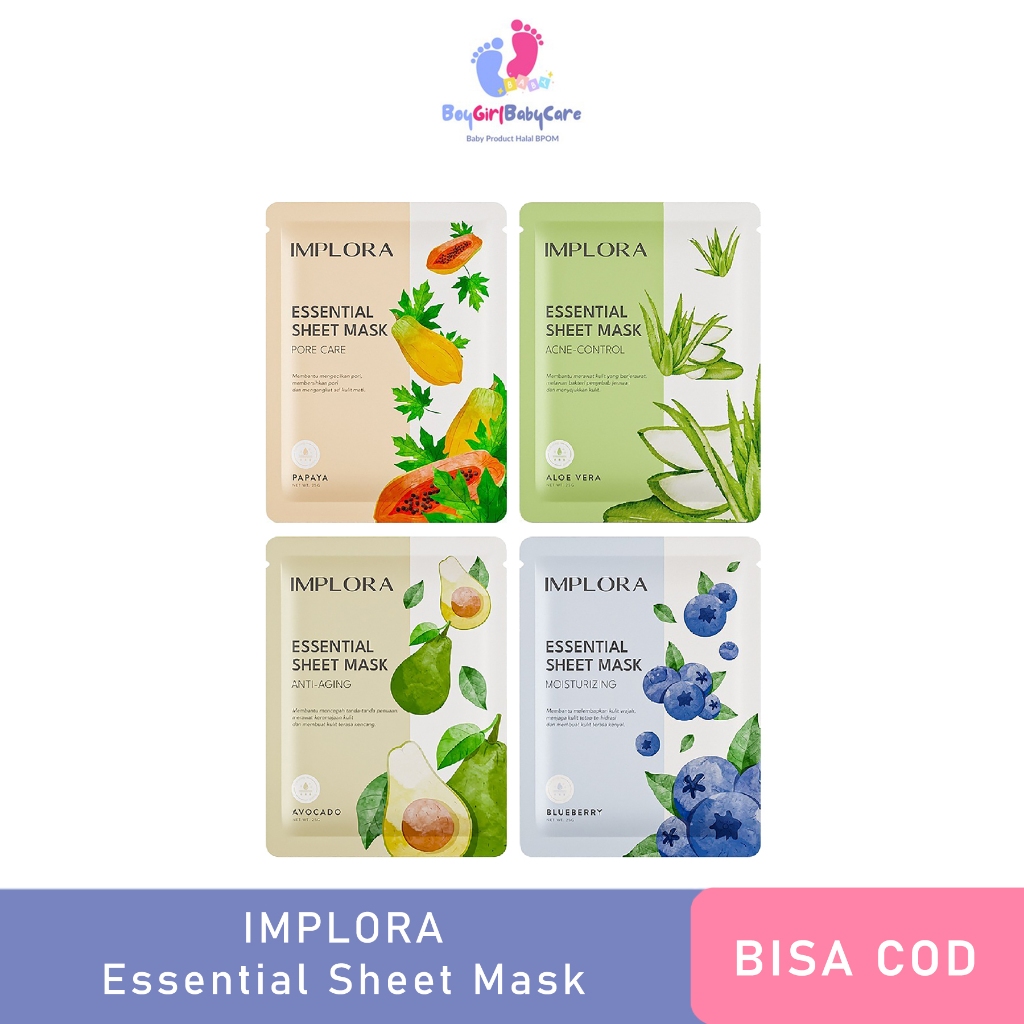 Implora Essential Sheet Mask Melembapkan, Anti Aging, Kontrol Jerawat (Acne Control), dan Perawatan 