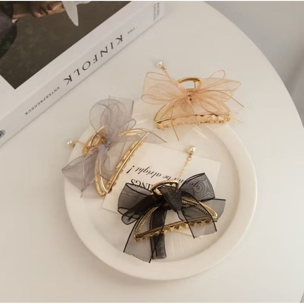 Jepit Rambut Pita Bahan Satin Hair Claw Clip Aksesoris Hairpin Mutiara