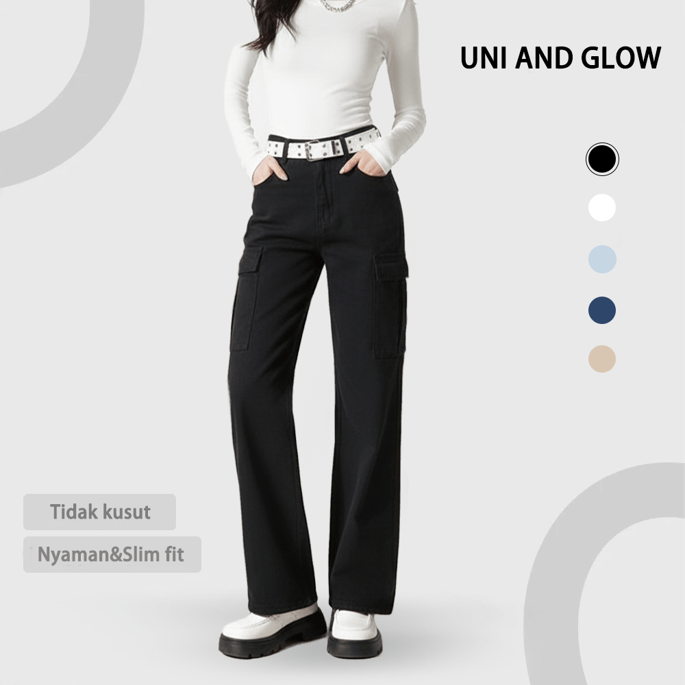 UNI AND GLOW Jeans Cutbray Highwaist Wanita Stretch Import- Warna Hitam, Putih, Coklat, Biru Salju-S