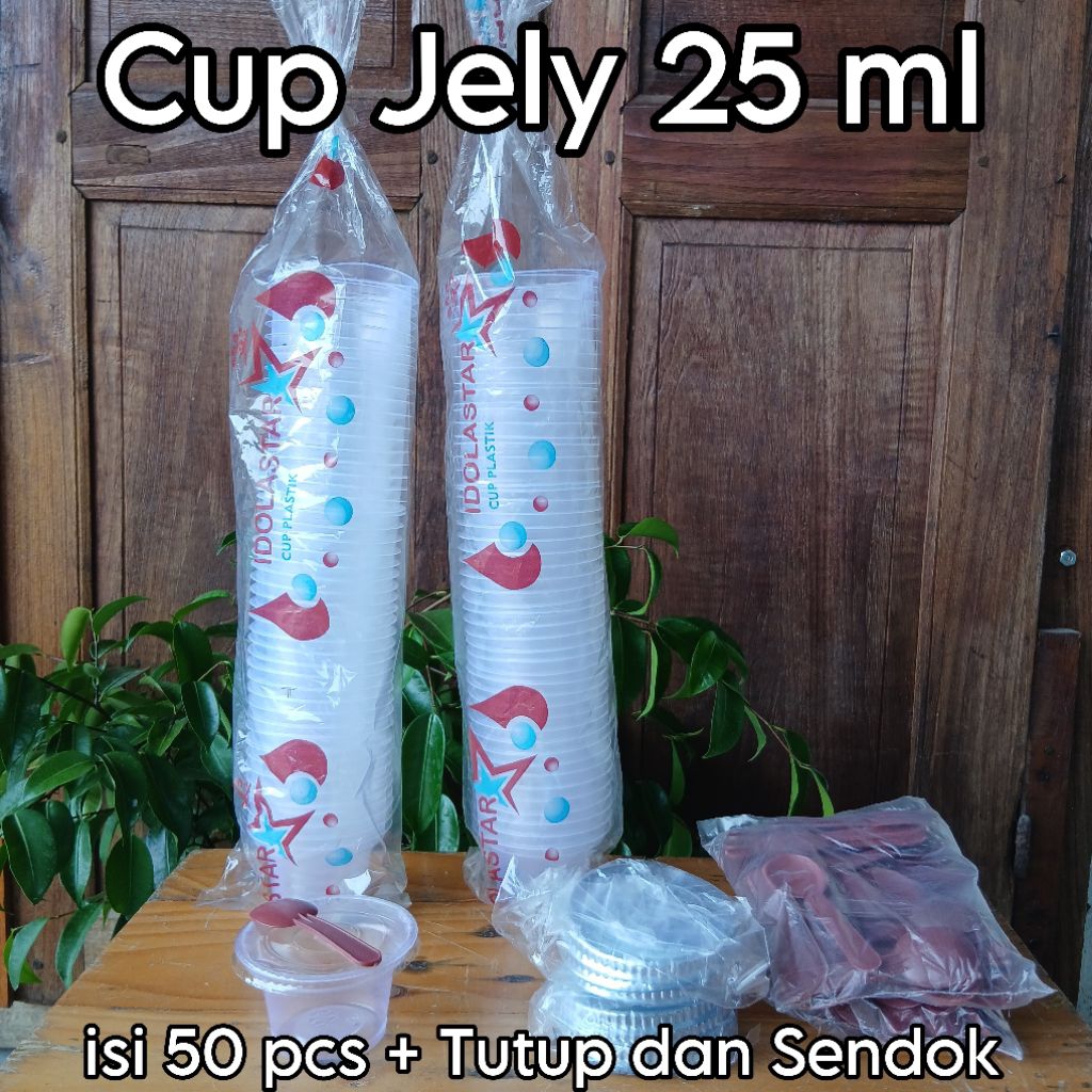 Cup Jelly / Puding 25ml + Tutup + Sendok – Cup Plastik Mini Food Grade Isi 50 Pcs untuk Dessert, Aga