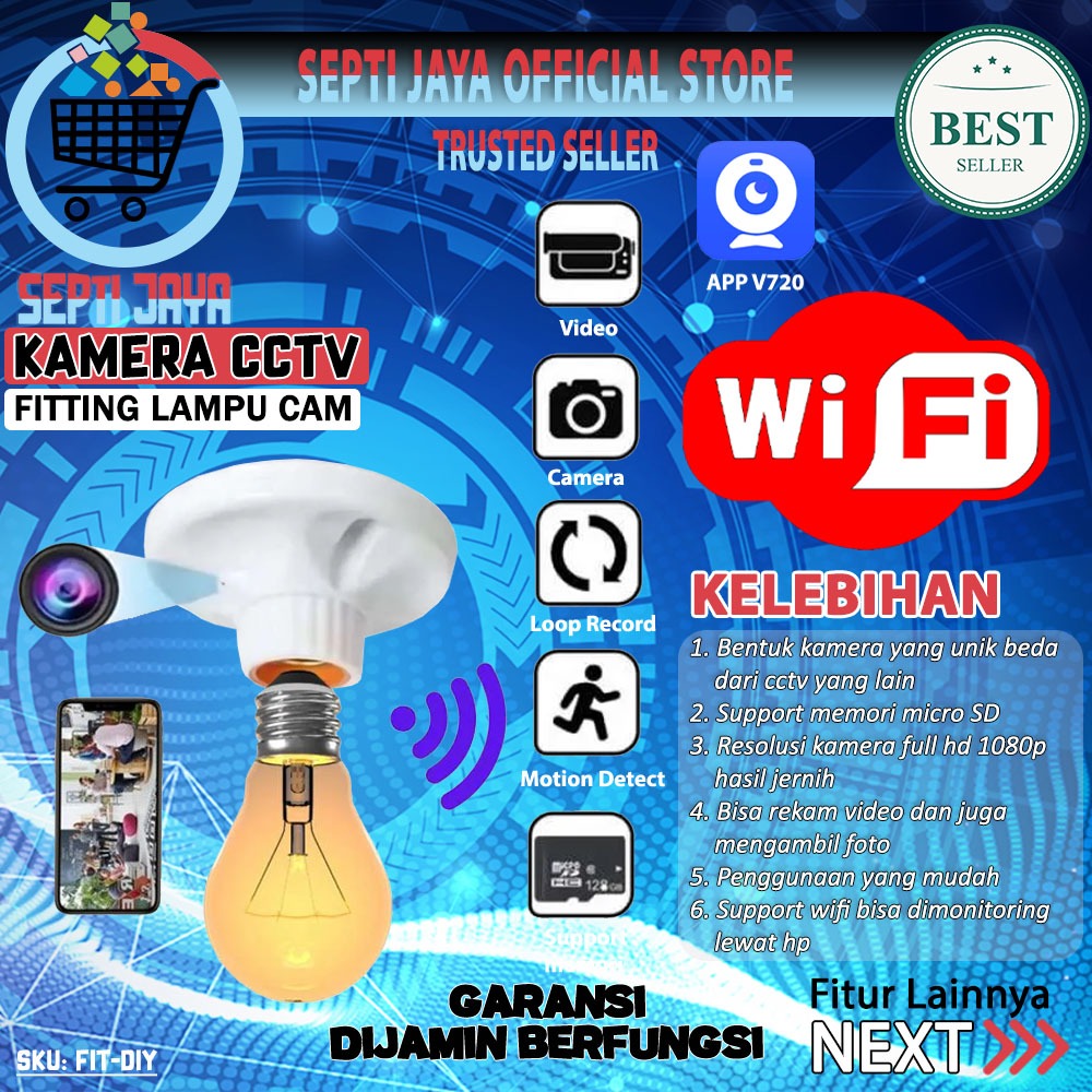 FIT-DIY Spy IP Camera Fitting Lampu Bulb Holder WiFi 1080P Kamera CCTV Pengintai Rahasia Tersembunyi