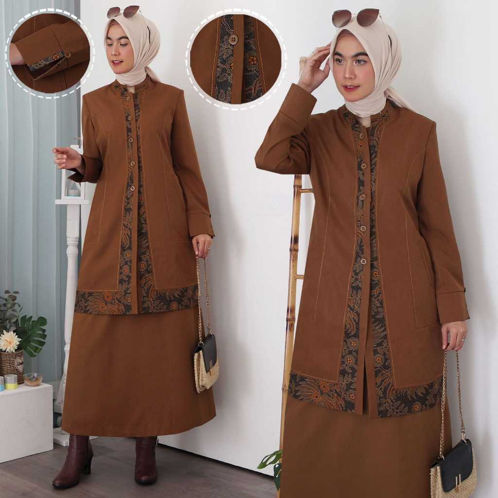 Seragam Kerja Tunik Khaki Tua Kombinasi Batik Tengah Wanita Setelan Rok A Katun FRee Hijab