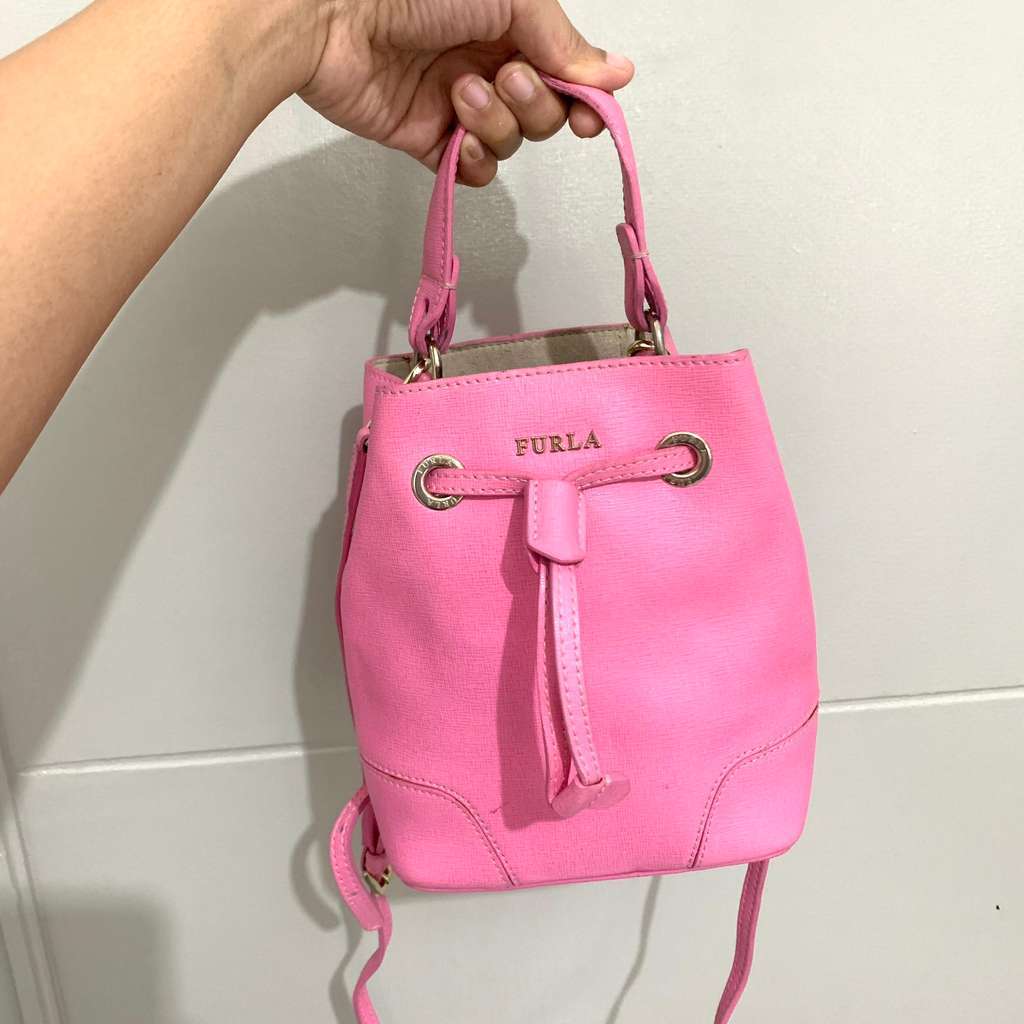 Preloved Tas Furla Stacy Drawstring Bucket Pink Authentic Original