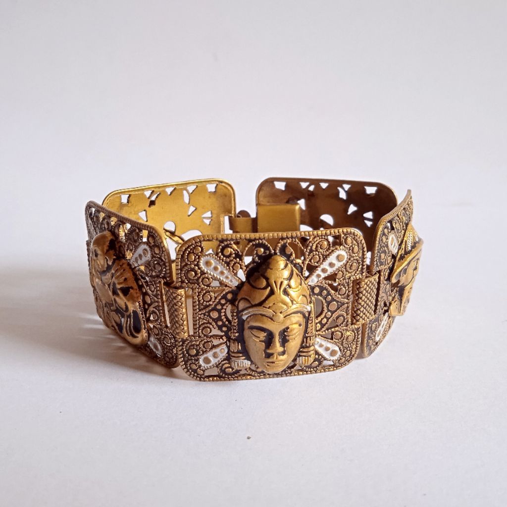 Antik Vintage Gelang Buddha Cina Bahan Kuningan Detail Halus Utuh Langka