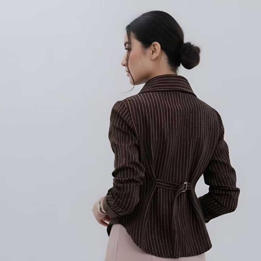 LUNA STRIPE KEMEJA FITTED SEMIWOLL WHISPY KEMEJA WANITA LENGAN PANJANG TALI BELAKANG Casual Atasan T