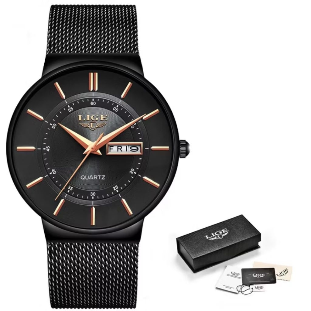 LIGE 9949 Sabuk Jala Santai Jam Tangan Pria Wanita Fasion Anti AirTanggal Jam Tangan Kotak