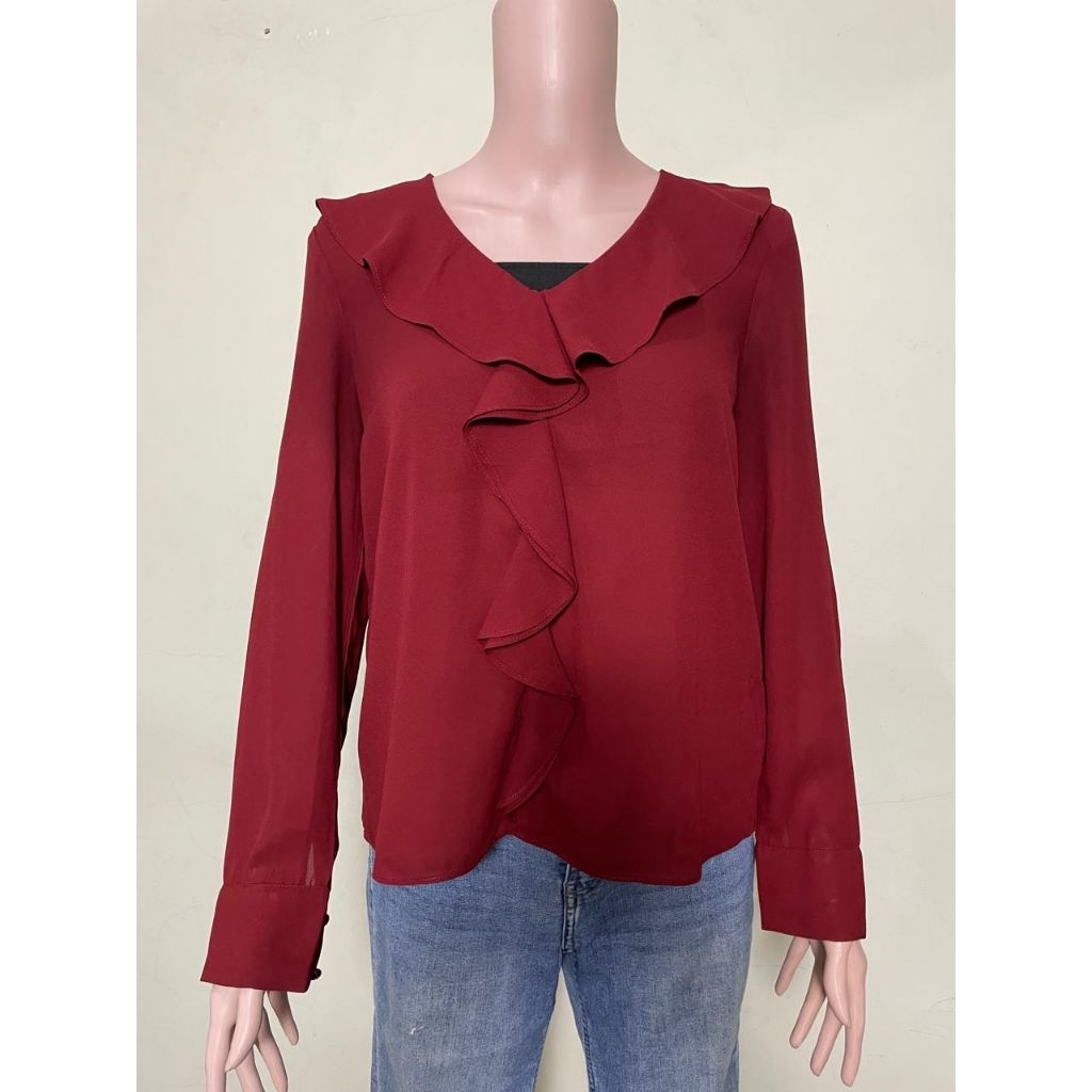 (PL pribadi) blouse hnm sifon maroon ruffle