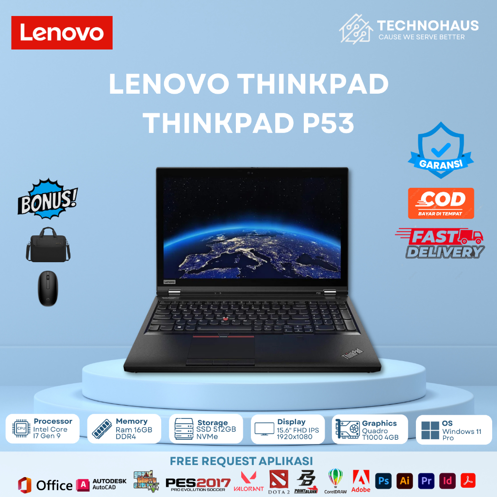 LAPTOP GAMING LENOVO THINKPAD P53 I7 GENERASI 9 RAM 16GB SSD 512GB NVIDIA QUADRO T1000 4GB GDDR6 ORI