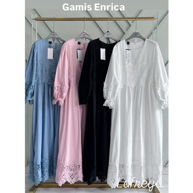gamis enrica, dress lafreya, Dress Maxi, gamis bangkok, gamis putih, dress katun bordir, gamis eyele