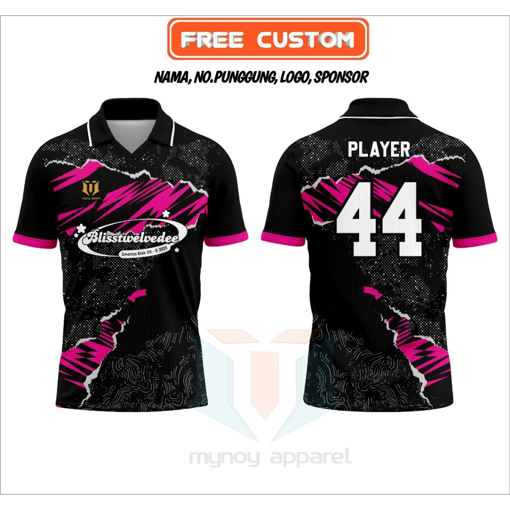 Jersey sepak bola futsal | Full printing Custom | Kombinasi kerah hitam pink | Mynoy Apparel 001