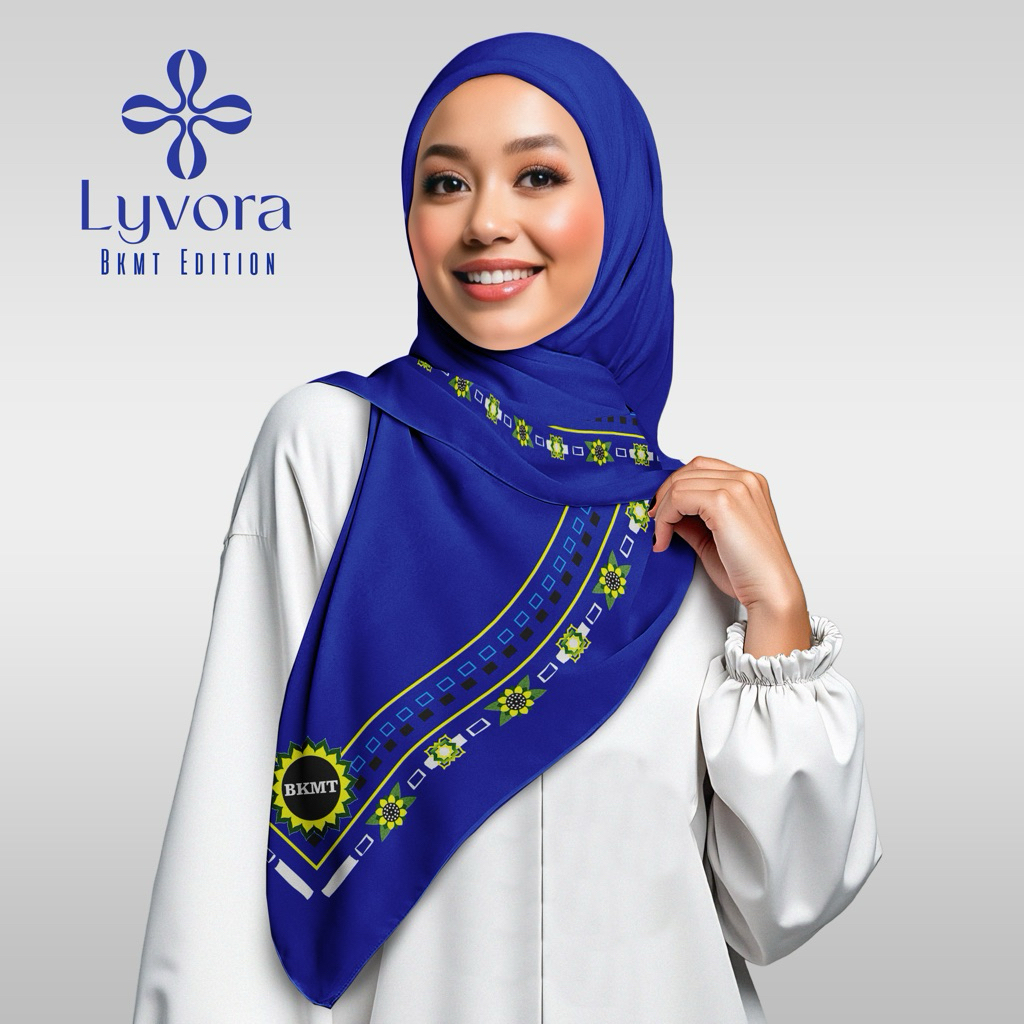 Jilbab BKMT - 004 Biru - Hijab Voal Premium Lyvora – Segi Empat Adem, Laser Cut, Zipper Bag