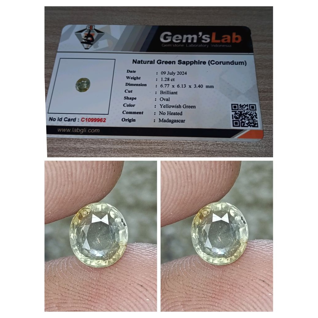 Natural green sapphire yellowish green no heated Madagascar memo GLI