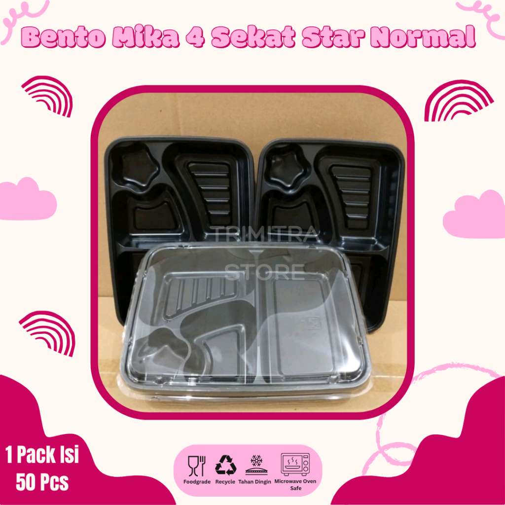 (Isi 50 Pcs) Mika Bento 4 Sekat+Tutup Putih Bening / Lunch Box Sekat 4 Normal
