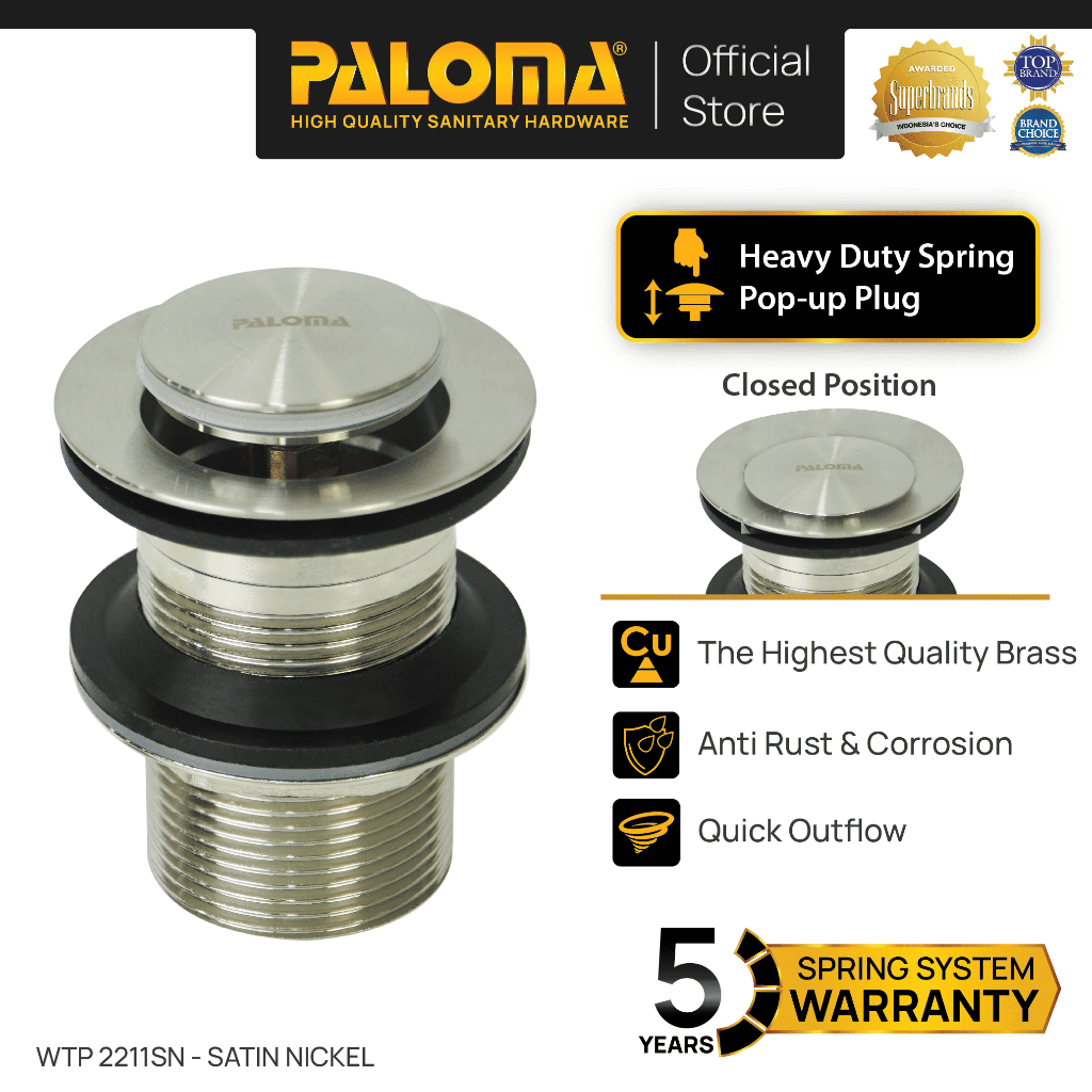 PALOMA WTP 2211SN Afur Wastafel Cuci Tangan Kepala Sifon Pop Up Waste Avur Brass Kuningan Satin Silv