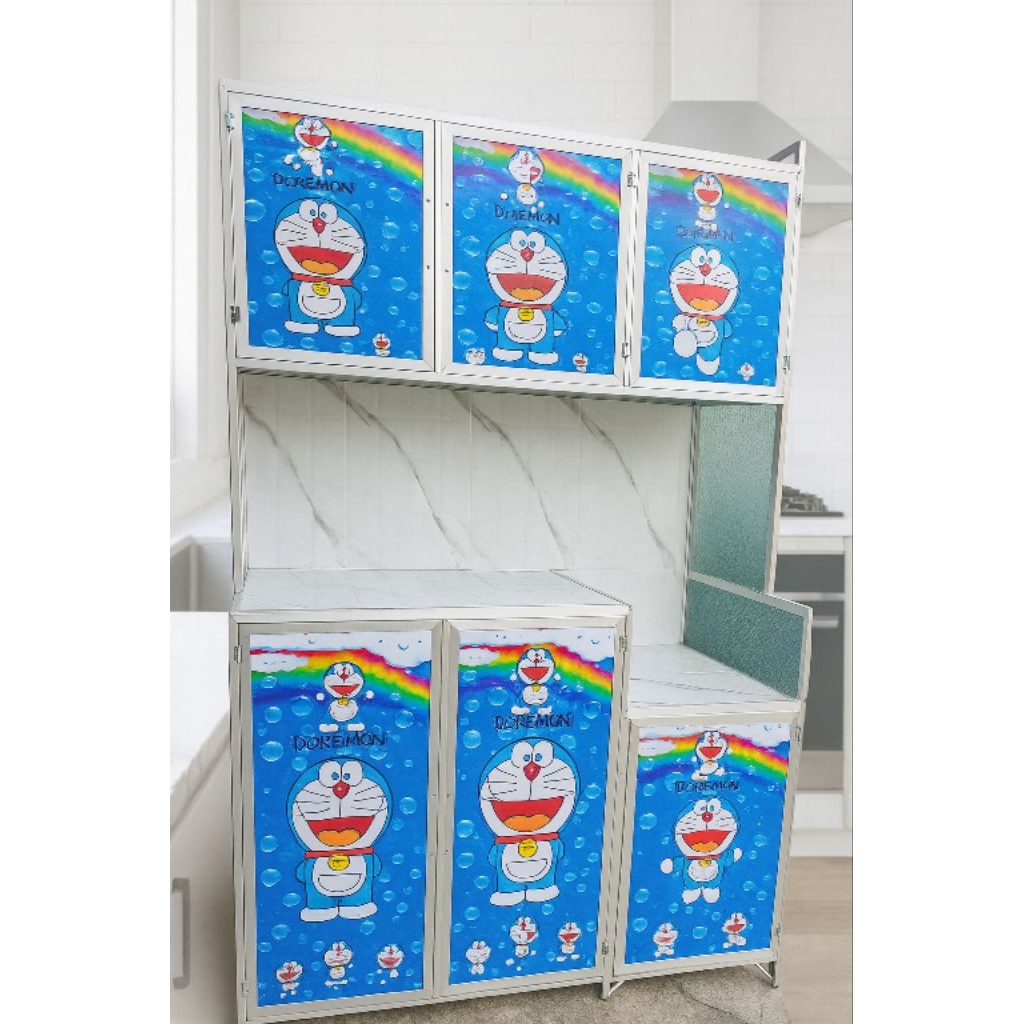 rak piring aluminium 3 pintu doraemon bawah keramik