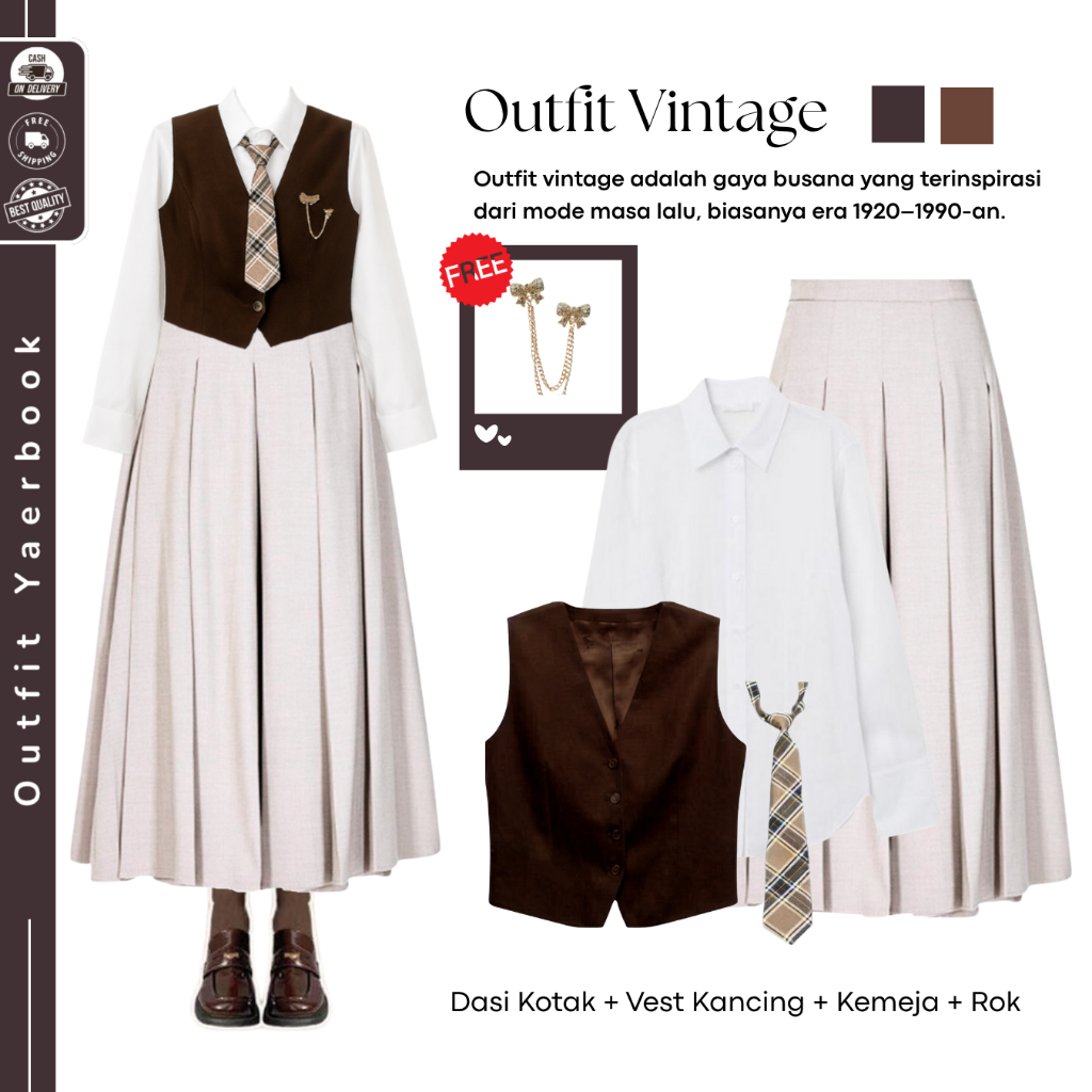 One Set Outfit Yearbook Vintage Viral (Vest Kancing+ Kemeja + Rok Joda ) OOTD Yearbook Kekinian - FO