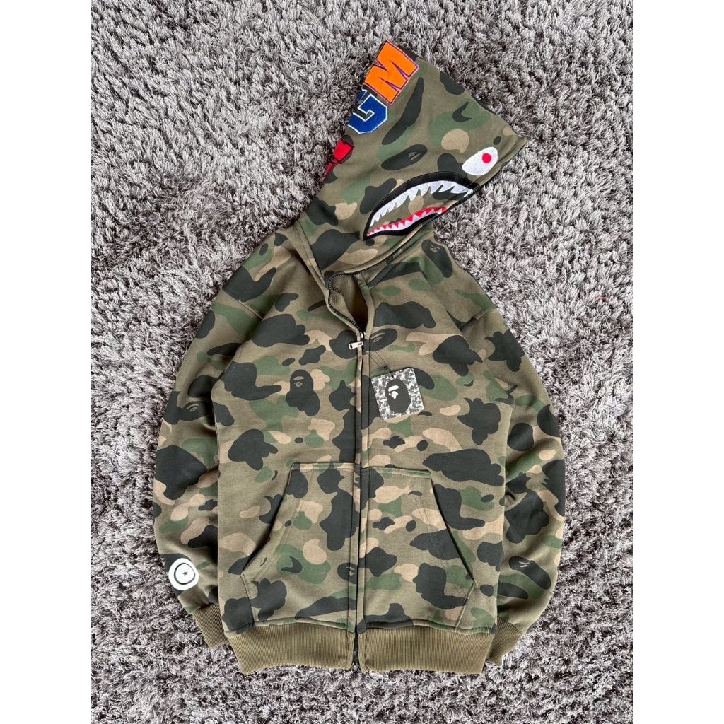 Zipper Hoodie Bape shark Camo Full Print Army Pria Terlaris Fashion Pria katun tebal