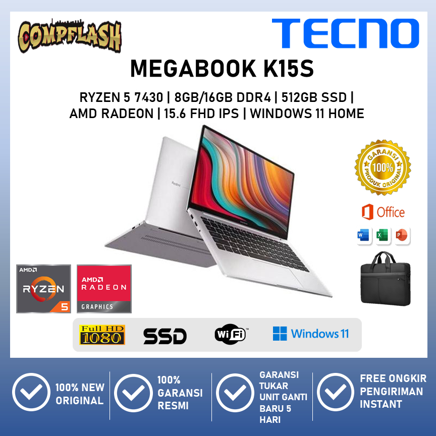 TECNO MEGABOOK K15S RYZEN 5 7430 16GB 512GB SSD WINDOWS 11 15.6 FHD IPS