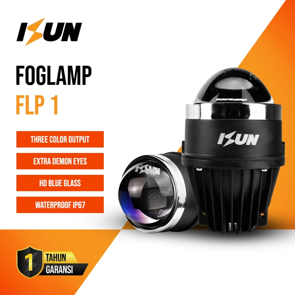 ISUN Lampu Foglamp BILED FLP-1 Projector 3inch Blue-Lens 3 Warna DC12V/75W