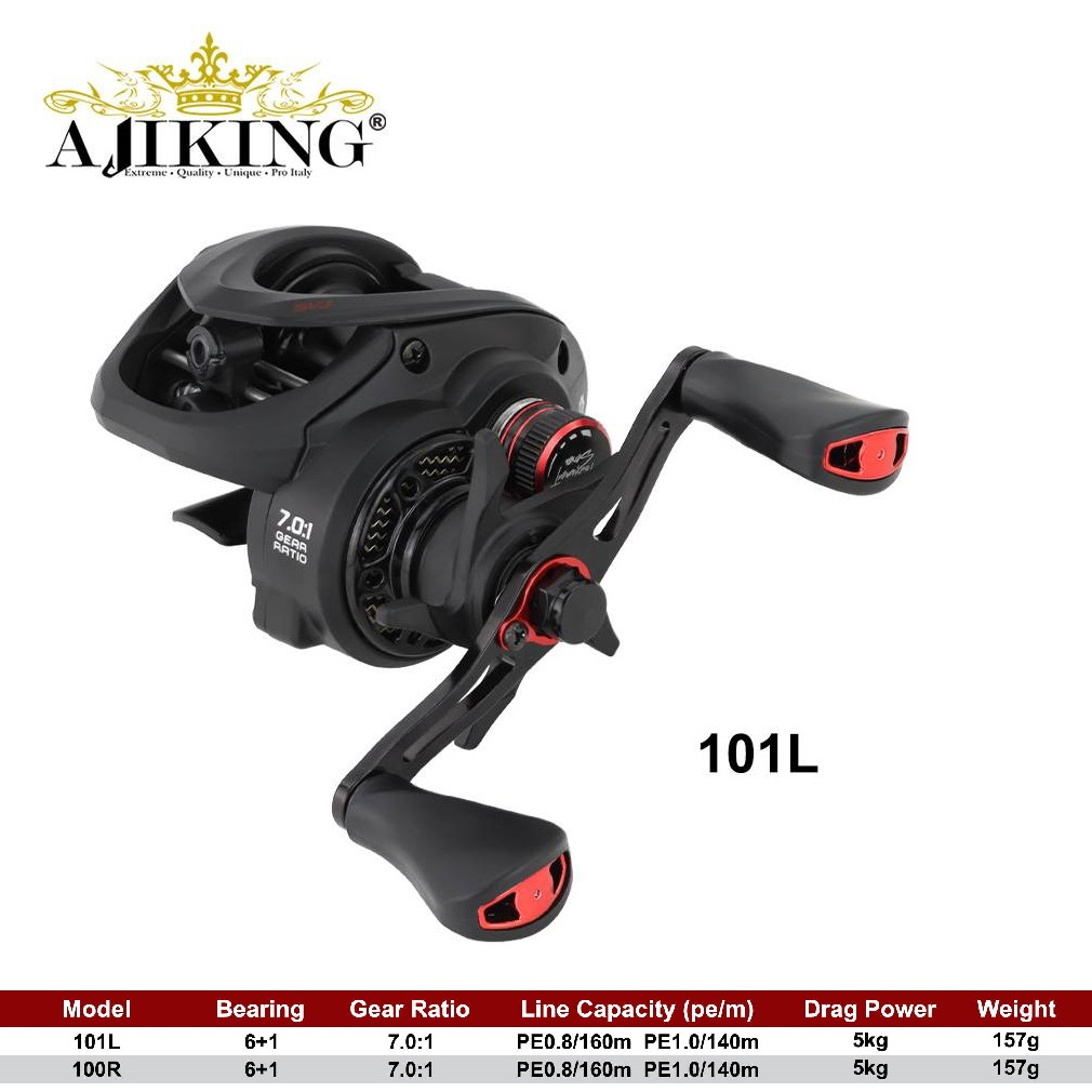 Reel Baitcasting Ajiking SVJ 101L/100R 7.0:1 Gear Ratio - CNC Spool, 6+1 Bearing, 5kg Drag Power