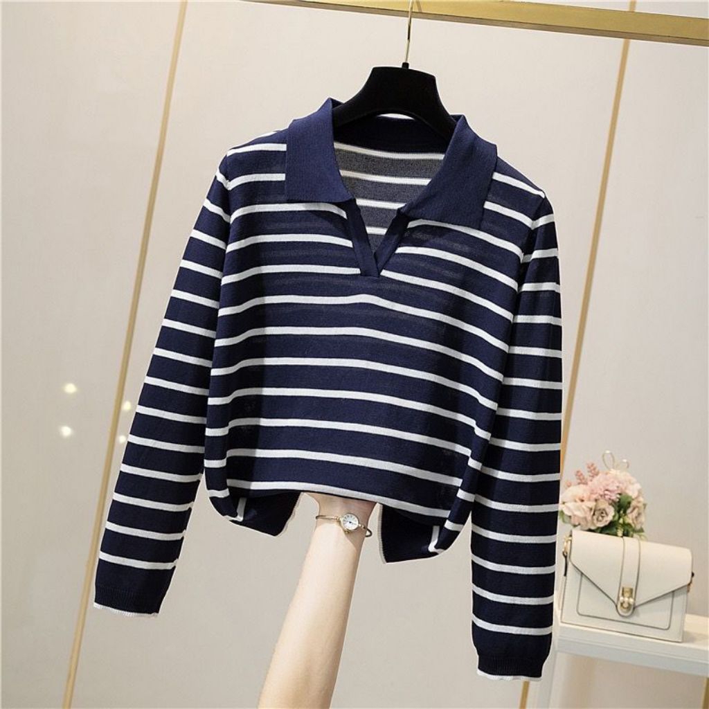 Sweater Crop Garis-garis Leher V / Sweater Garis-garis Lengan Panjang / Sweater Wanita Rajut