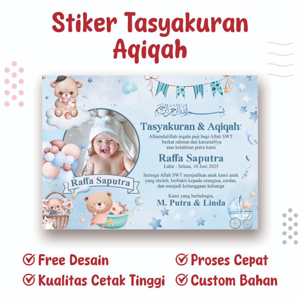 STIKER AQIQAH BAYI / KARTU KELAHIRAN BAYI / UNDANGAN TASYAKURAN / LABEL KOTAK NASI
