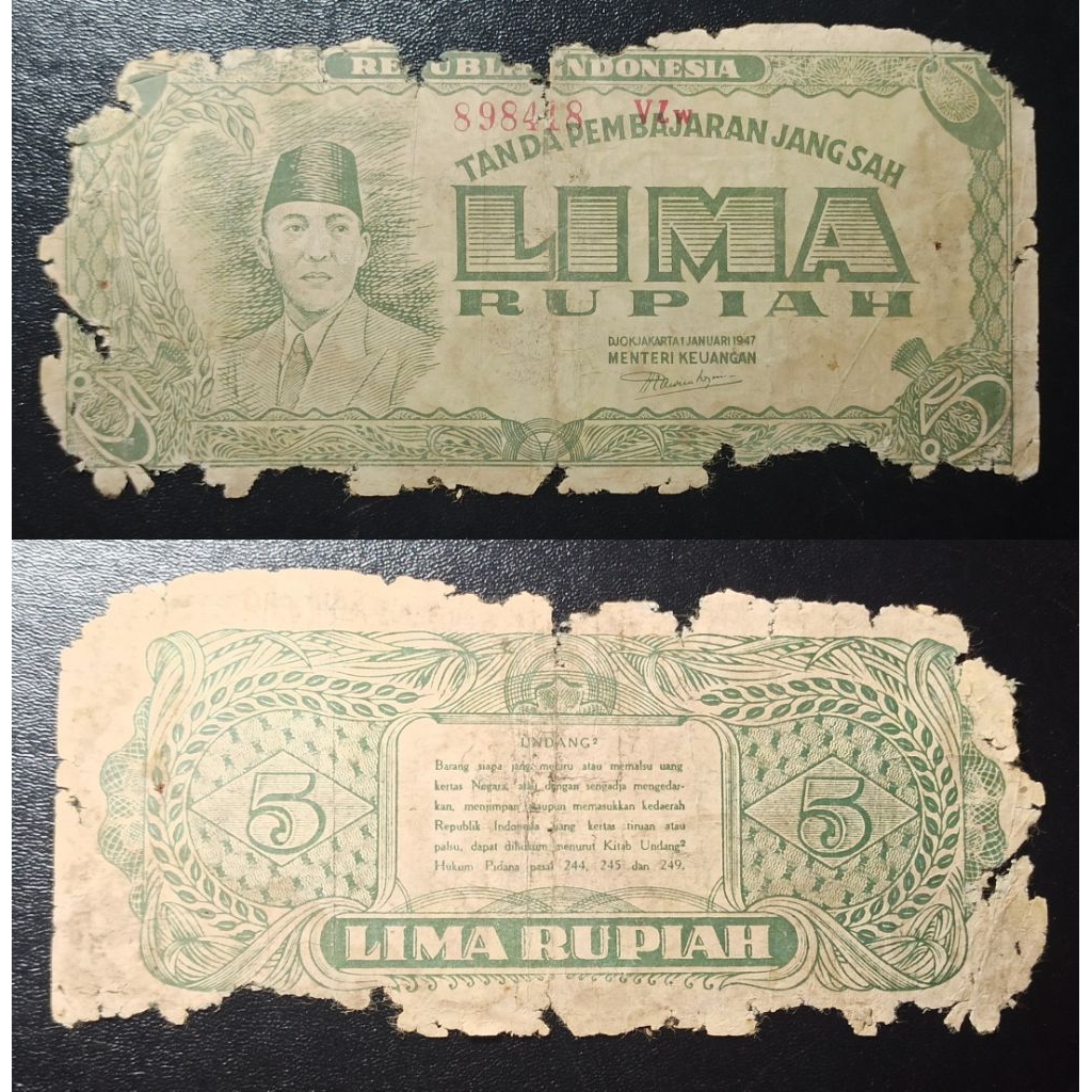 uang kuno Indonesia 5 rupiah tahun 1947 p1876