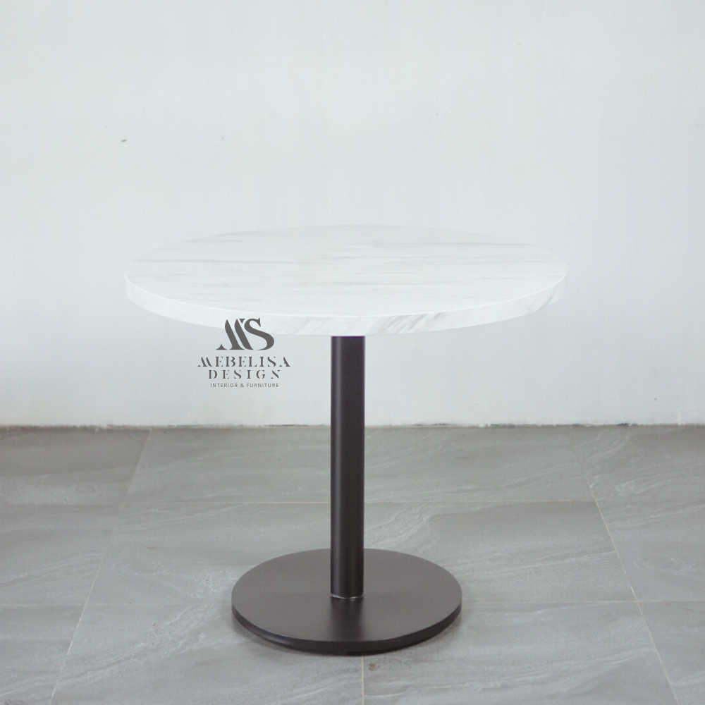 Meja Bundar HPL Motif Marmer Minimalis Kaki Besi Minimalis