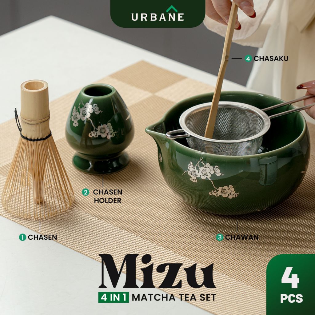[URBANE] MIZU 4in1 Matcha Tea Set Jepang Premium 4PCS – Perlengkapan Lengkap Keramik Tradisional Gre