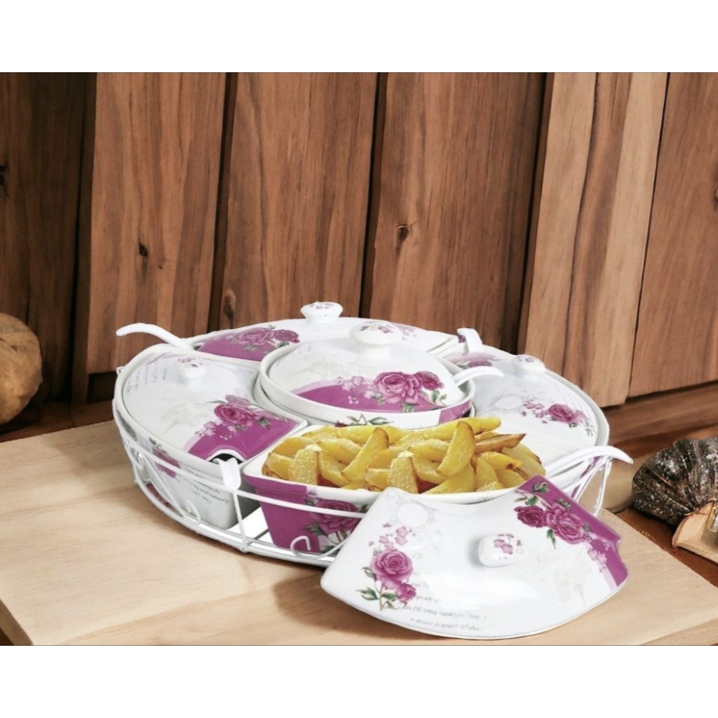 Prasmanan dan wadah saji Vicenza motif Eternity Bc472, disertai roller, 5 mangkuk saji porselain dan