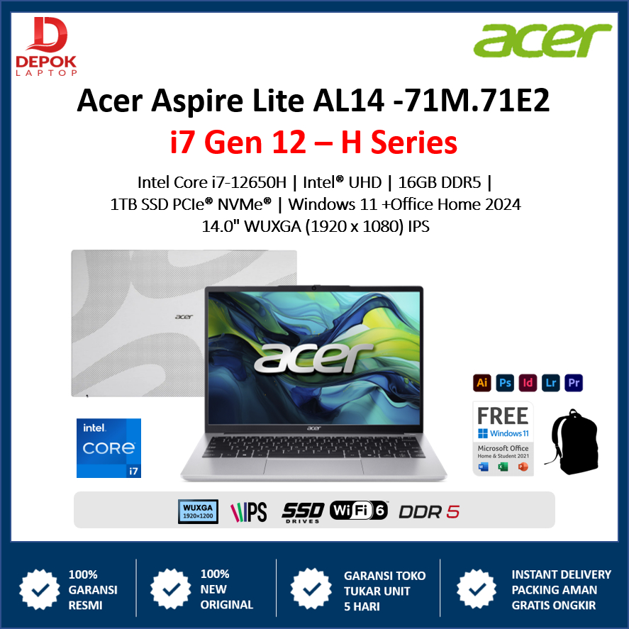 LAPTOP Acer Aspire Lite 14 AL14 I7 12650H 16GB 1TB SSD Windows 11 +OHS 14.0" WUXGA IPS Silver 71M.71