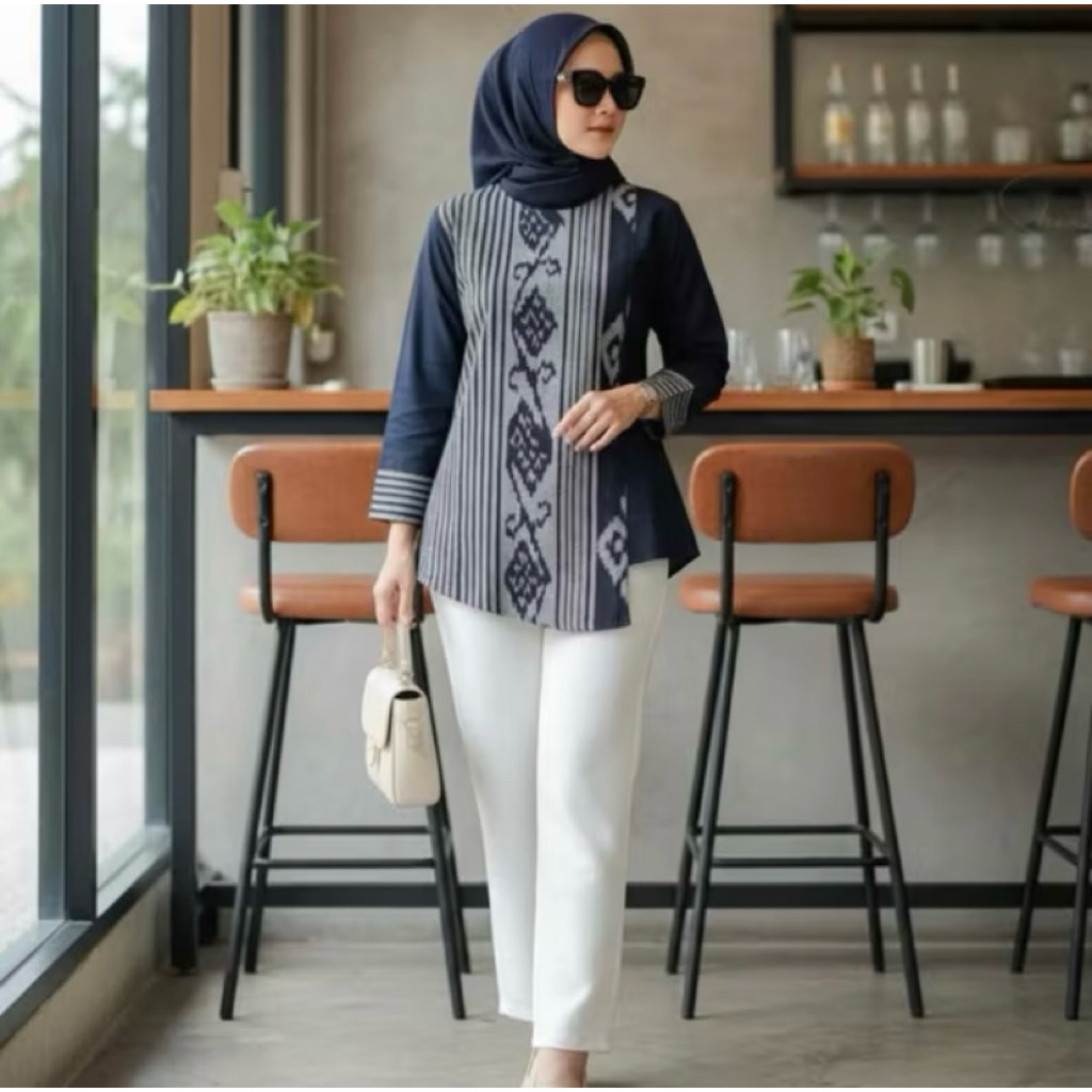 Shanaya Batik Blus Tenun Troso Ori Kombi Toyobo Warna Navy Blouse Batik Kerja Cantik