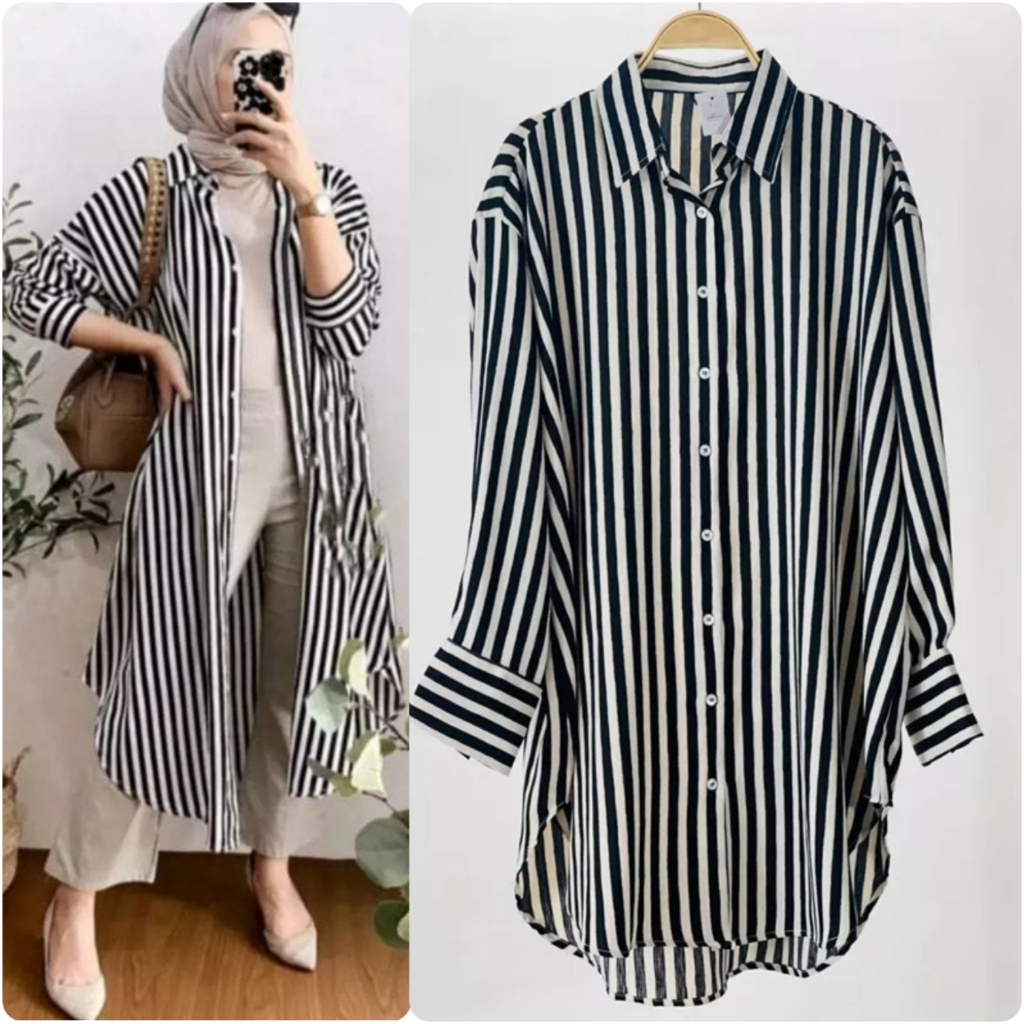 Tunik Kemeja Stripe Salur Garis Panjang Wanita Outfit Kekinian Cewe Bahan Polly Rayon