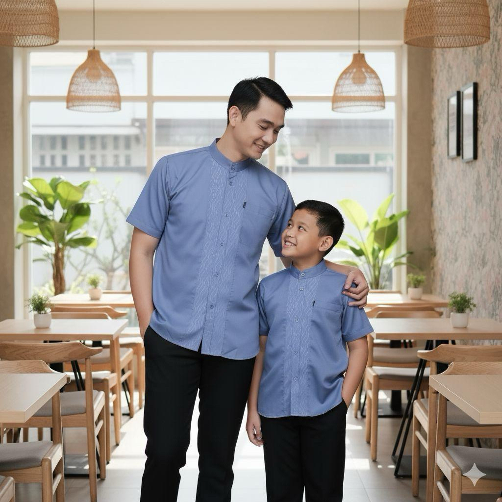 Baju Koko Couple Ayah Anak Laki Laki Lengan Pendek Bahan   Terbaru 2025 Warna Denim Polymikro Lembut