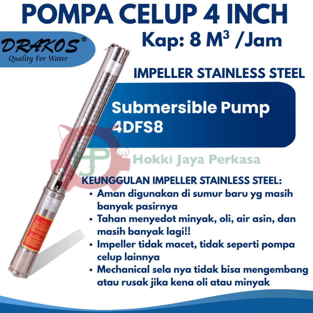 DRAKOS Pompa Satelit / Submersible Pump 4 Inch Stainless Steel Outlet 2" Kap 8m3 / jam + Control Box