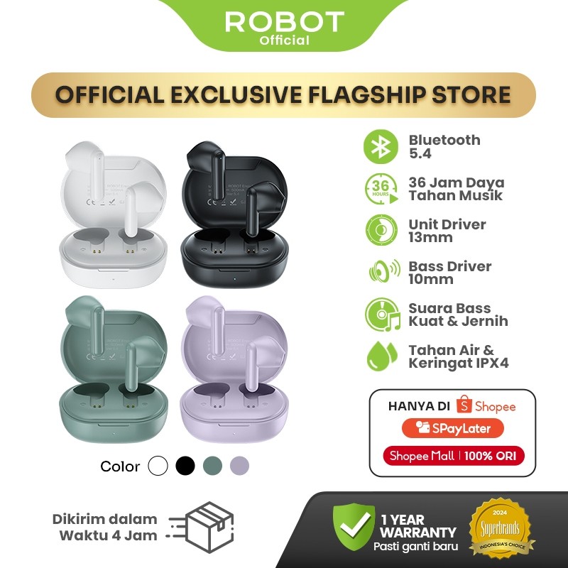 ROBOT TWS True Wireless Powerfull Bass Semi In-Ear Mini Earbuds Bluetooth 5.4 Sports Earphones Headphones in Mic Enco Buds 1 Original - Garansi 1 Tahun