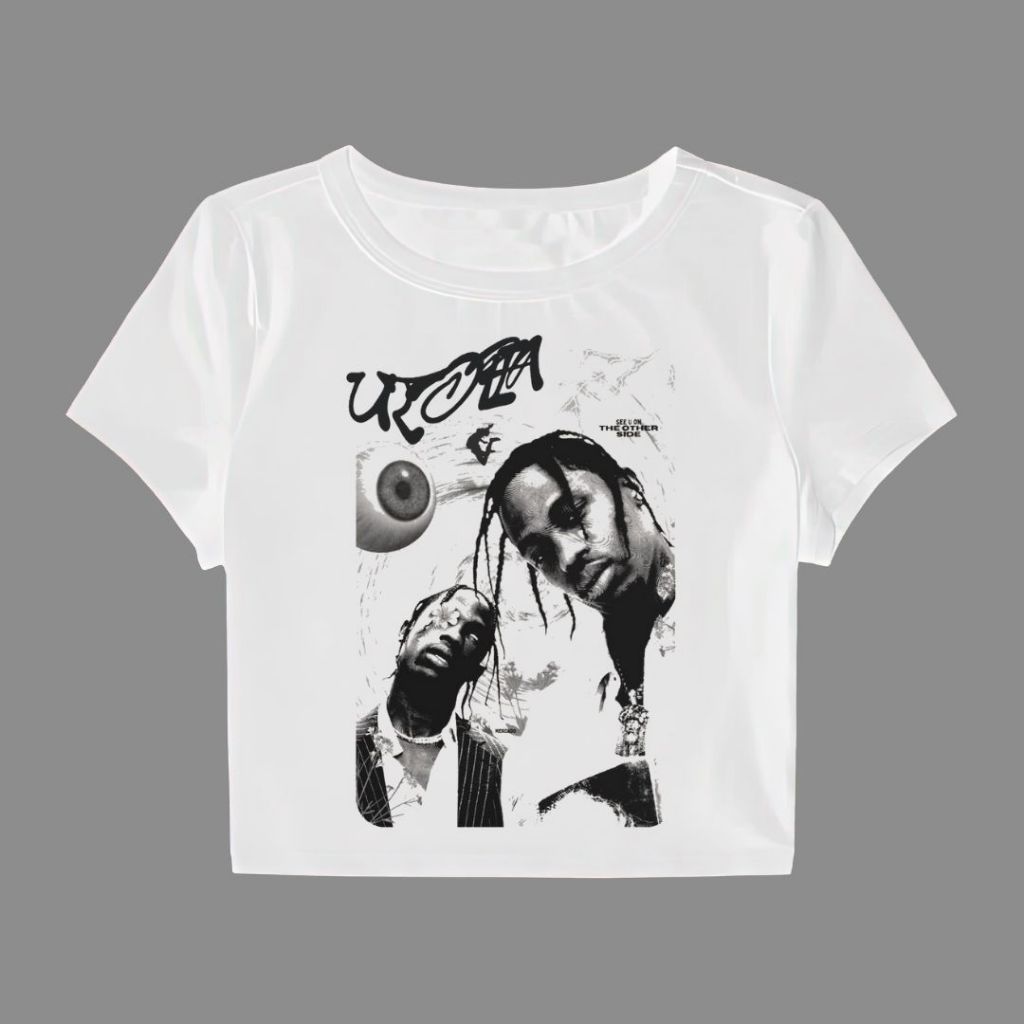 Kaos Crop Top "Utopia" Putih | Slimfit | Kaos Wanita | Crop Tee | Kaos Travis Scott