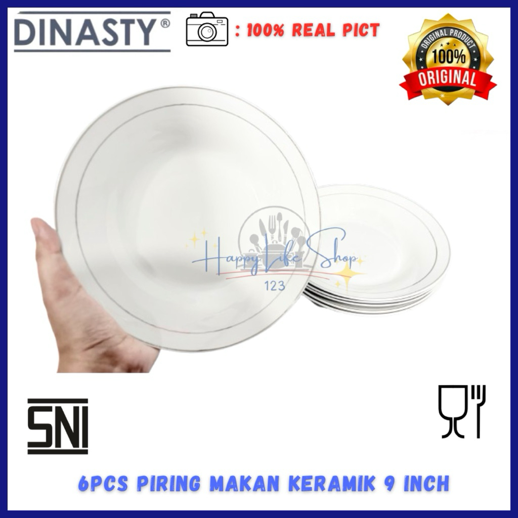 (6PCS) Piring Makan Dinasti List Polos 9 Inch / Piring Makan Keramik 9 Inch / Piring Makan Keramik 9