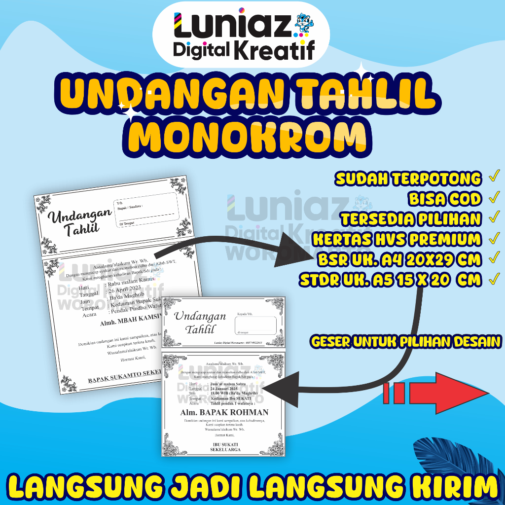 UNDANGAN TAHLIL UNDANGAN MURAH CUSTOM UNTUK 7HARI 40HARI 100HARI 1000 HARI. WALIMAH AQIQOH URSY DLL