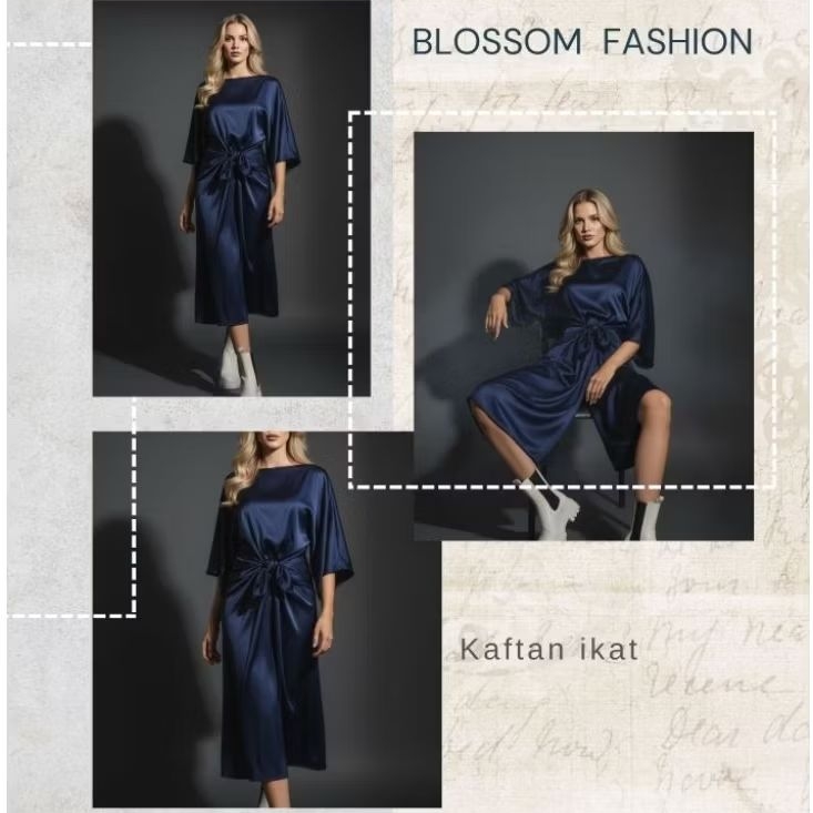 Kaftan Navy Elegan Model Ikat Depan, Look Mewah &Simple untuk Acara Spesial