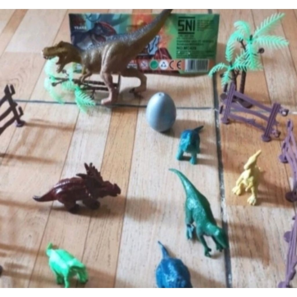 Mainan anak binatang dinosaurus karet kecil dilengkapi pohon dan pagar lucu murah mainan Dino karet