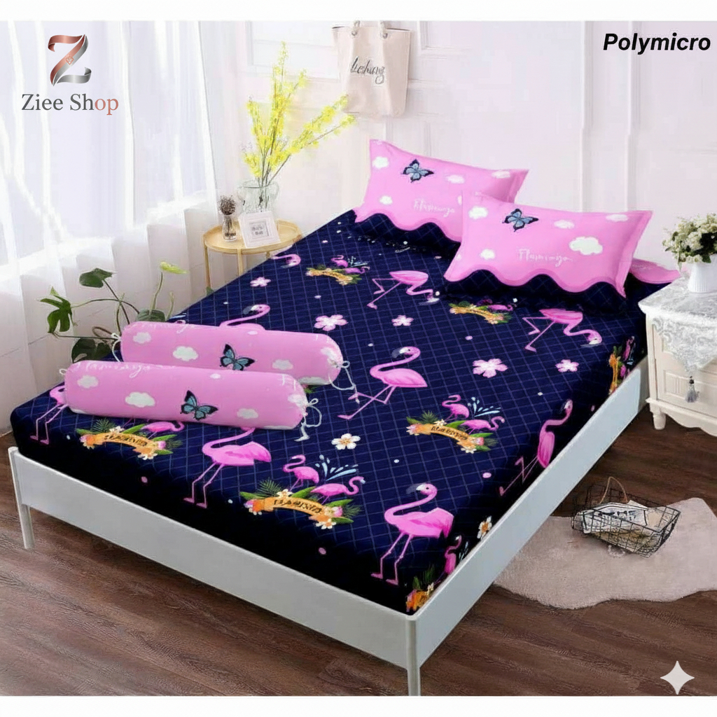 SPREI SET MOTIF FLAMINGO LUCU - 1 Sprei + 2 Sarung Bantal + 1 Sarung Guling - Bahan Lembut Adem