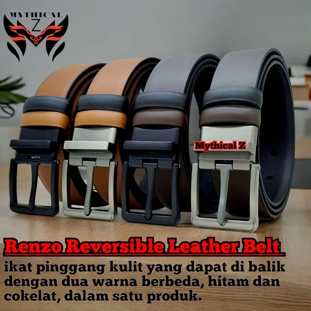ikat pinggang pria murah 3,5cm model putar RENZO REVERSIBLE premium sabuk kulit pria murah dua warna
