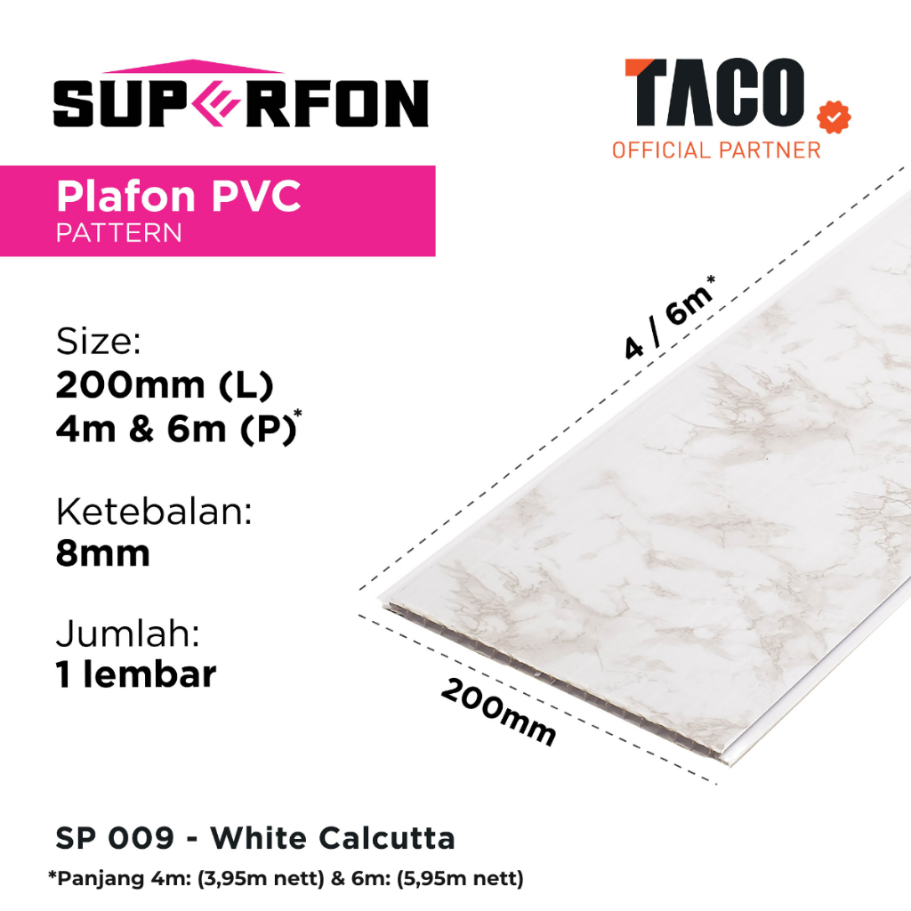 Superfon Plafon PVC Serat Kayu Glossy Tebal 8mm Panjang 6 Meter - SP 009 White Calcutta