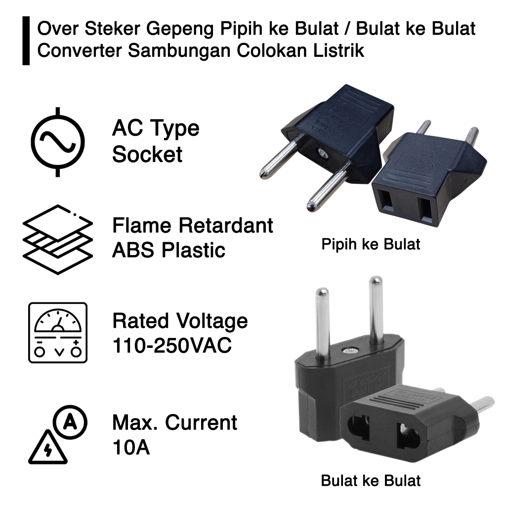 Over Steker Adaptor Colokan Sambungan Converter Listrik Pipih Gepeng Ke Bulat Bulat ke Bulat EU To U