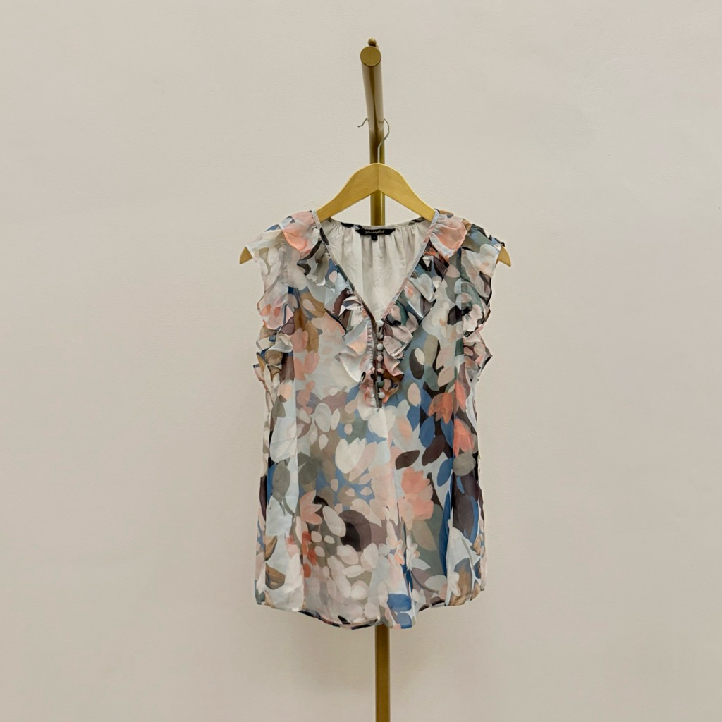 PRELOVED Saturday Club Abstract Print V-Neck Ruffle Blouse Tank Top Fashion Wanita